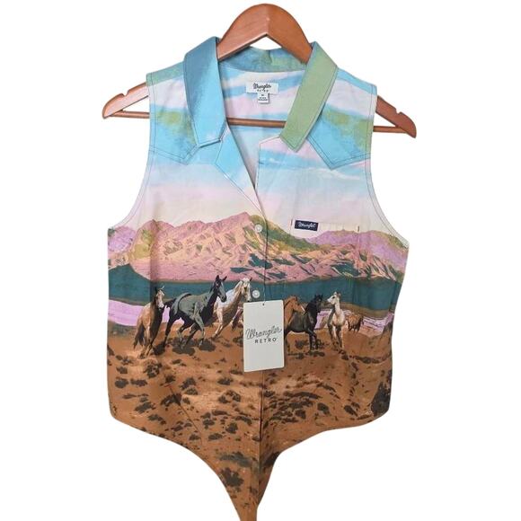 Wrangler Tops - Wrangler Retro Americana Sleeveless Western Snap Shirt Blue Pink Size M NWT